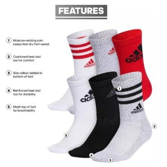 Adidas Youth Cushioned Mixed Crew Socks - 6 Pack shoe size: 5Y-7Y - Picture 2 of 2